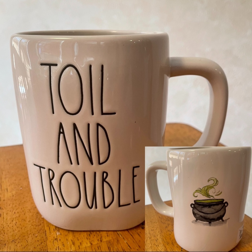 Rae Dunn TOIL AND TROUBLE and Witch Cauldron 2 Sided Coffee Mug BRAND NEW!!